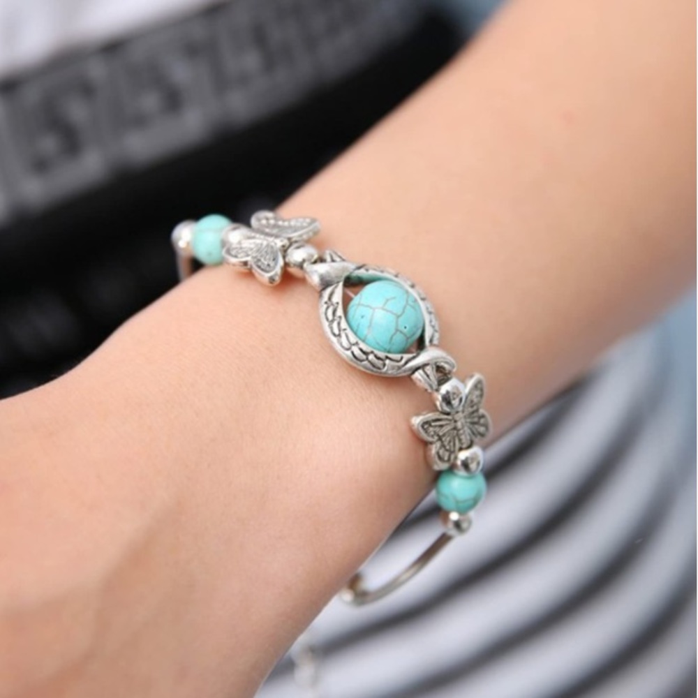 Natural Turquoise Bead Carved Butterflies Bohemian Bracelet